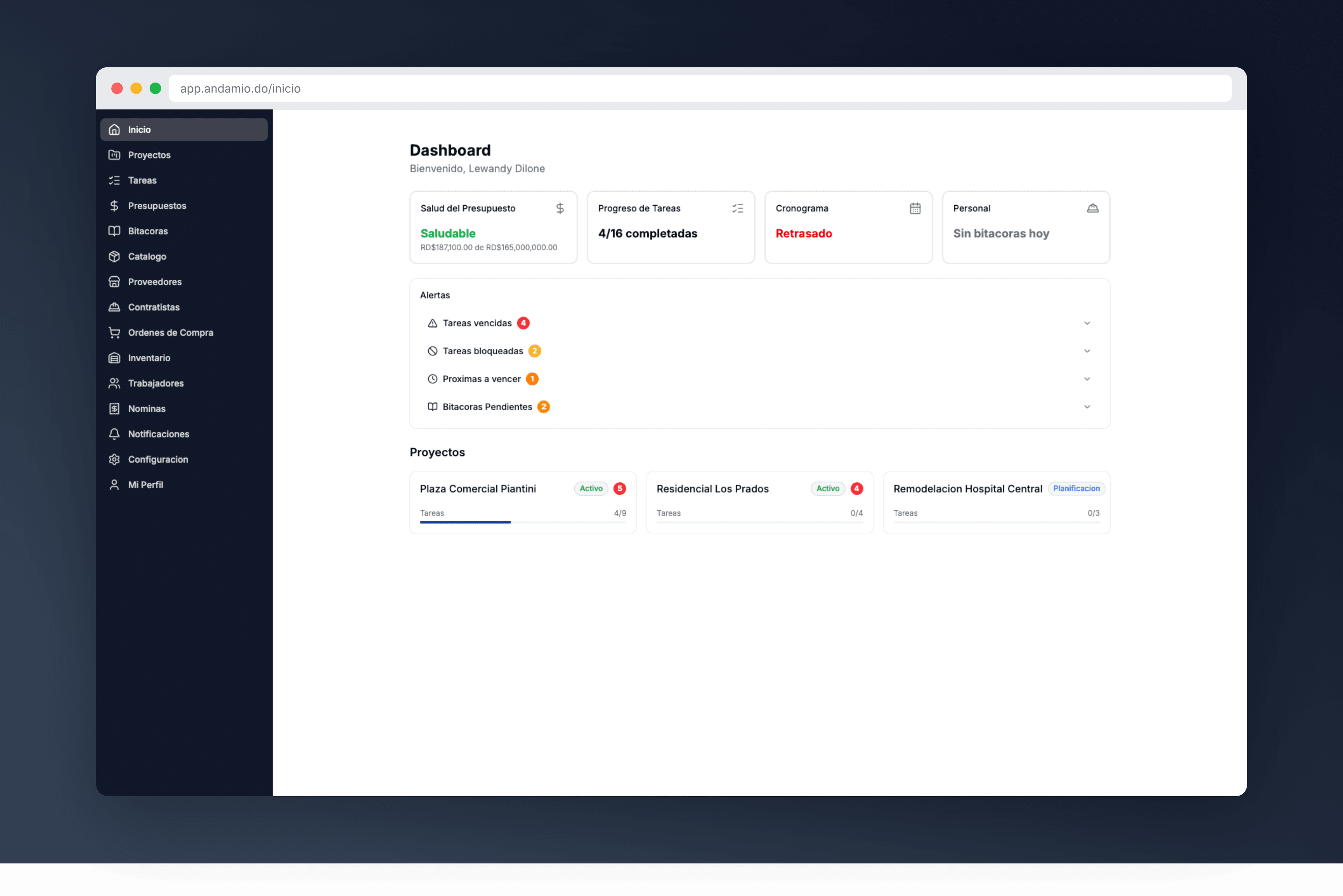 Panel de control de Andamio mostrando el dashboard principal