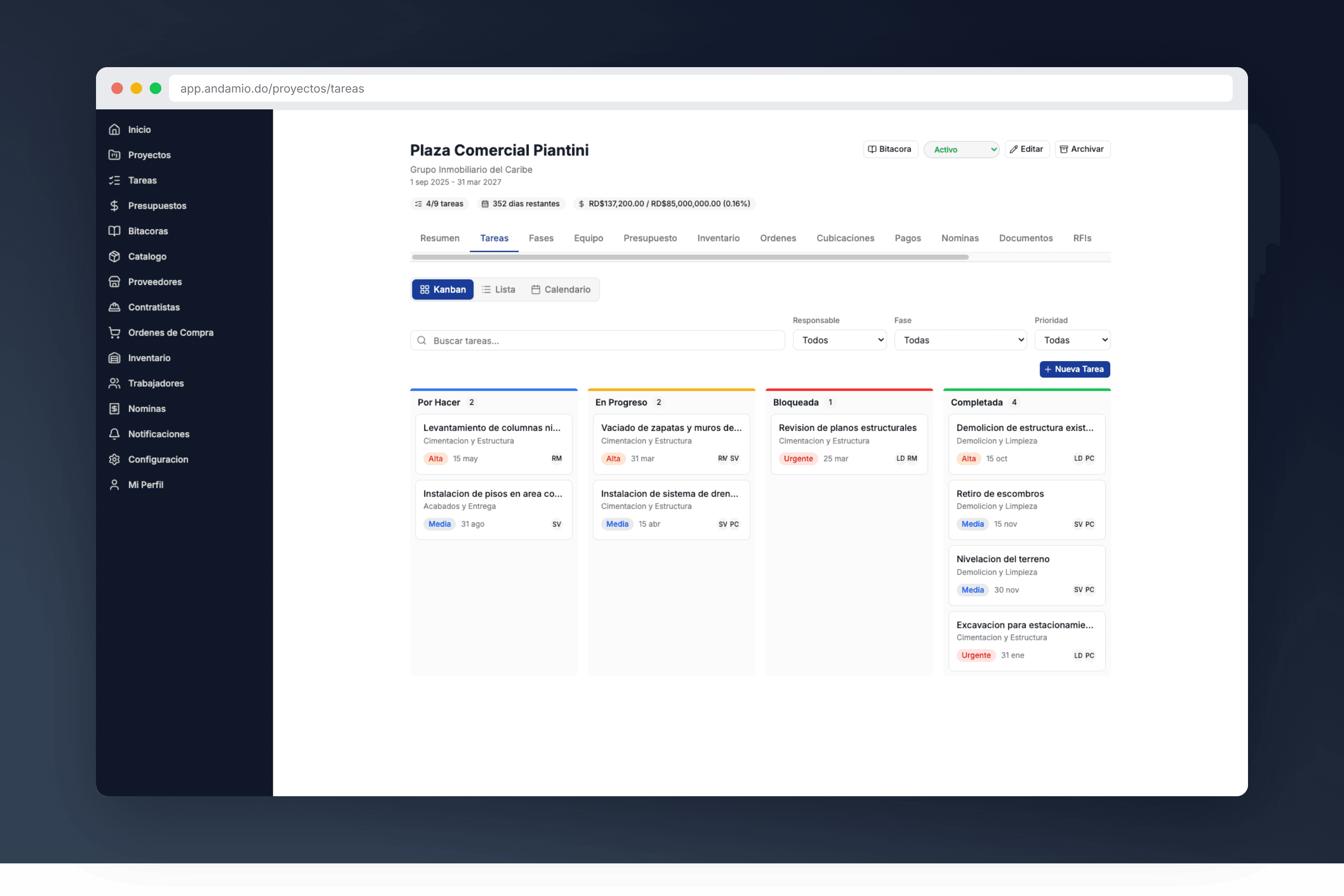 Vista Kanban de tareas en Andamio